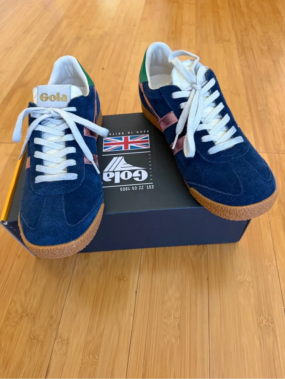 Gola Navy Suede Sneakers with Copper Stripes and Green Heel Tab
